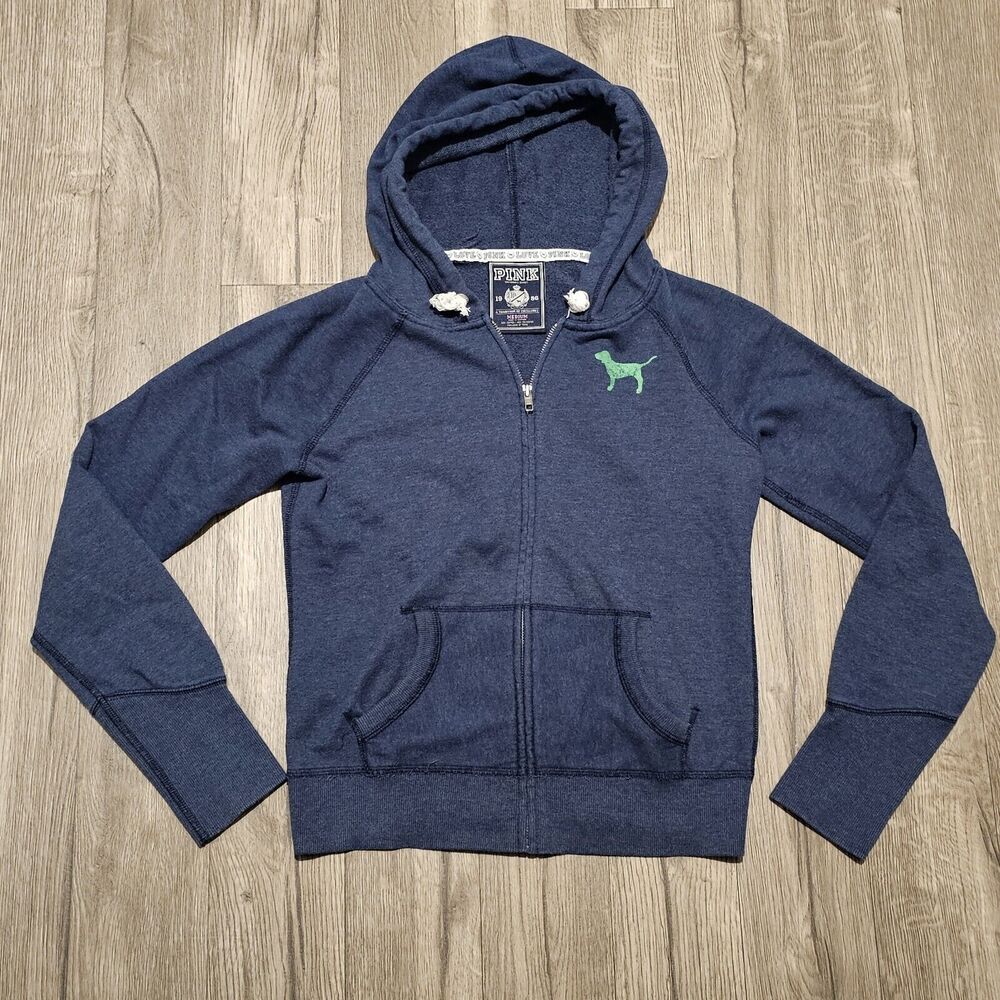 Victorias Secret PINK Blue Full Zip Hoodie Sweatshirt Sz Medium Dog Logo Preppy